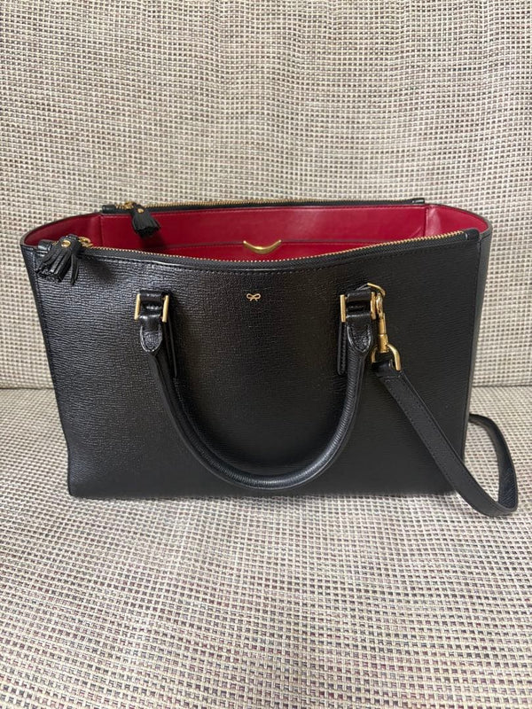 ANYA HINDMARCH Black Leather 2WAY Handbag Red Interior Shoulder Strap