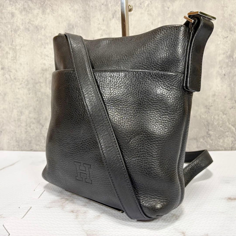 HIROFU 2-Way Shoulder Bag Black Grained Cow Leather 10.2x9.8x3.5in 57/41.7in