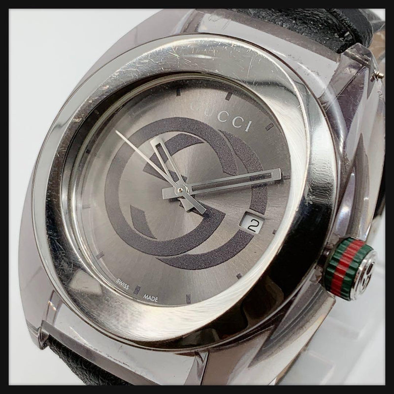 GUCCI SYNC Mens Quartz Stainless Steel GG Silver Dial Date Leather Watch