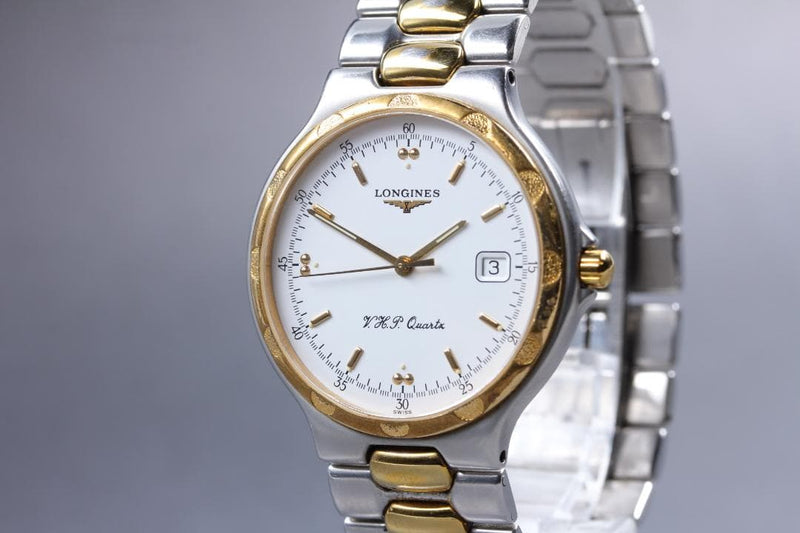 LONGINES Conquest V.H.P L1.613.3 Quartz Watch 35mm White Dial Gold Bezel Date