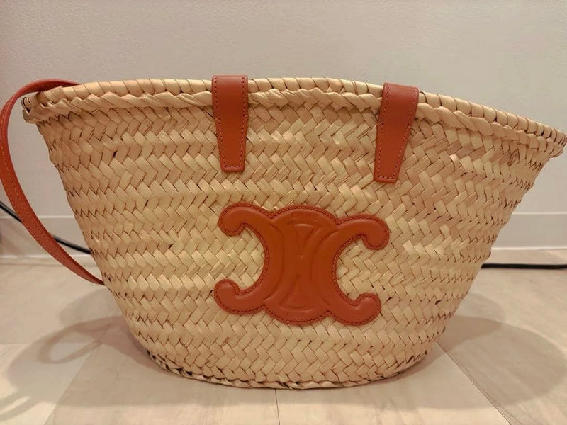 Celine Triomphe Panier Raffia Leather Beige Pink Beige Handle Logo Basket