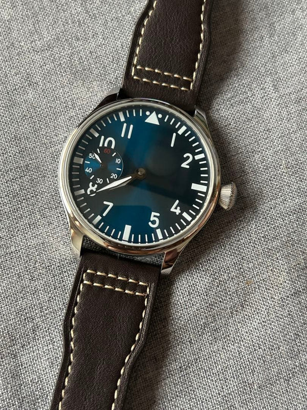 Mens Manual Pilot Watch 43mm Blue Dial Brown Leather Small Seconds Arabic
