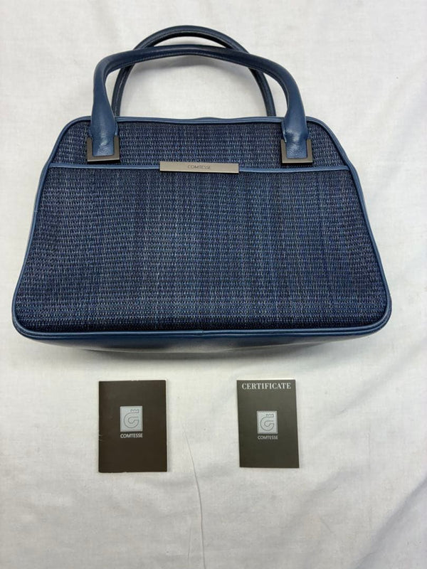 COMTESSE Navy Horse Hair Genuine Smooth Leather Double Zipper Handbag Germany