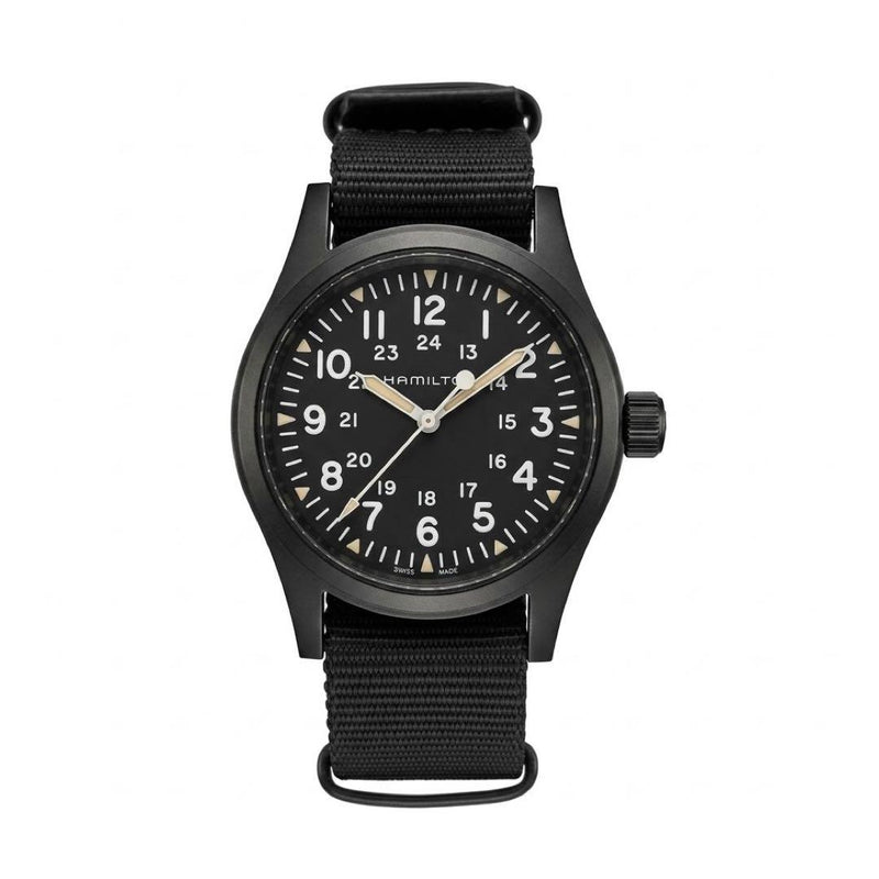 Hamilton Khaki Field Manual Wind Black Dial Black PVD SS Nylon NATO Watch