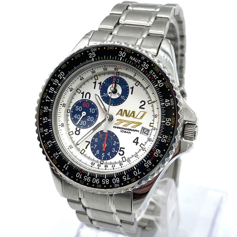Seiko ANA777 Flight Mens Quartz Chronograph Blue Dial Silver White Case Band
