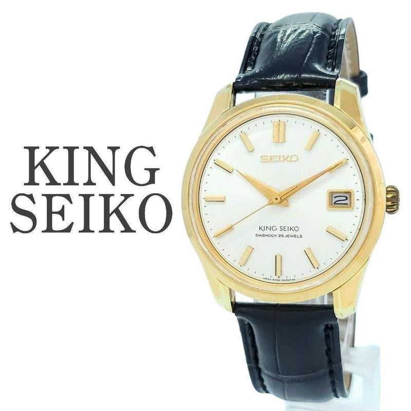 King Seiko 4402-8000 Watch Manual Winding 35mm Gold Case White Dial Black
