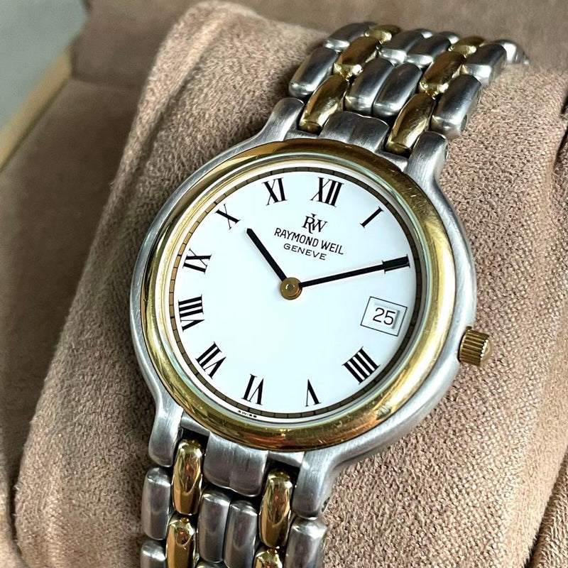Raymond Weil Quartz Stainless Steel Gold Tone Bracelet White Roman Date Mens