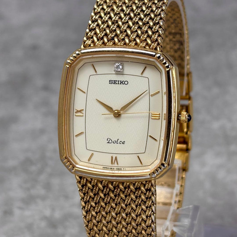 SEIKO Dolce 5E31-5A90 Quartz Square Gold 30.5x28.2mm Ivory 1P Diamond Gold Mesh