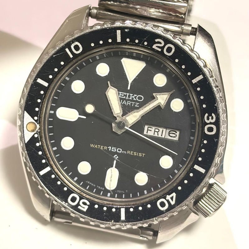 SEIKO 7548-7000 Quartz Diver 40.5mm Black Dial Day Date Silver Case Watch 22mm
