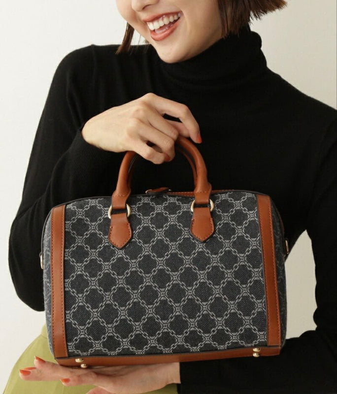 N. Monogram Jacquard Canvas Boston Bag Detachable Strap Brown Handles