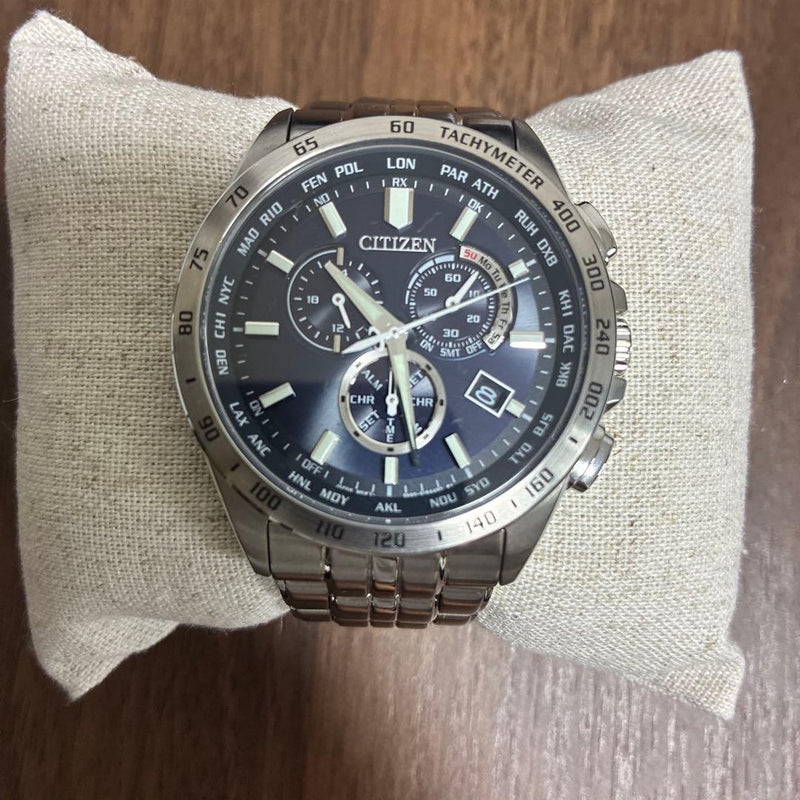 CITIZEN CB5870-91L Quartz Chronograph Watch Blue Dial Silver Bracelet