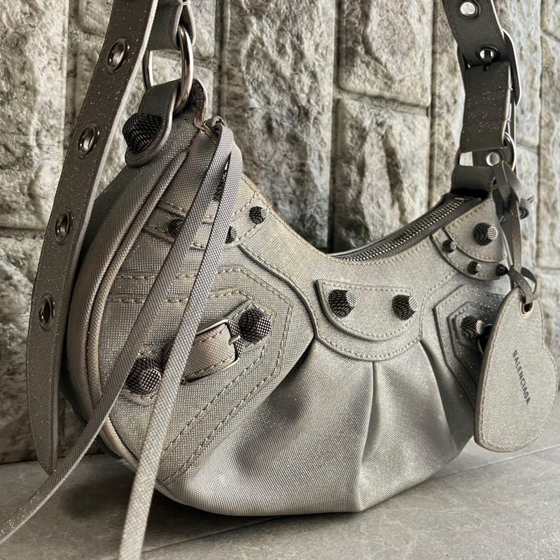 BALENCIAGA Le Cagole XS Shoulder Bag Silver Glitter Leather 9.8x4.7x2.8in Mirror