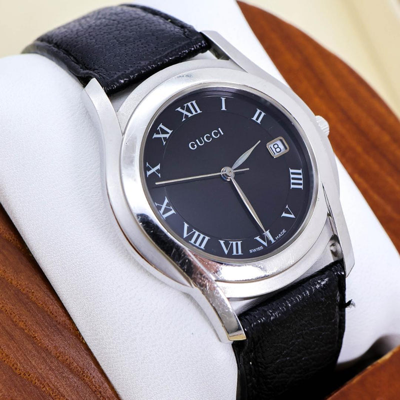GUCCI 5500M Quartz Watch 35mm Silver Case Black Dial Roman Leather Band Date