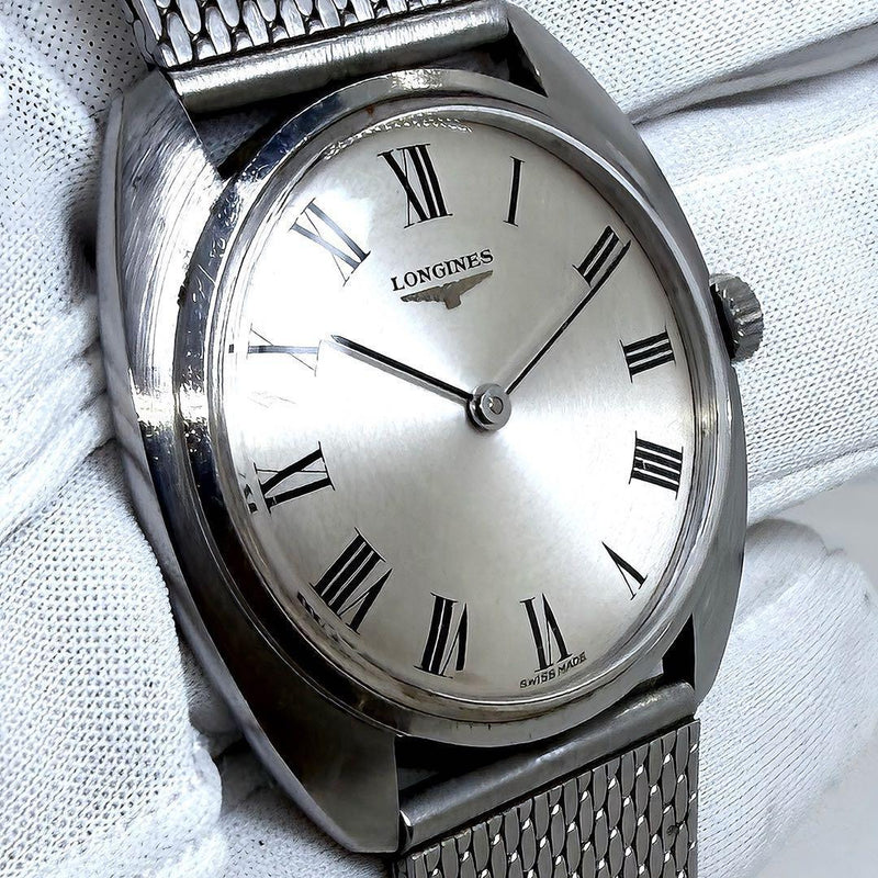 Longines Hand-Wound Mechanical Tonneau SS 33mm Silver Roman Mesh Bracelet Watch