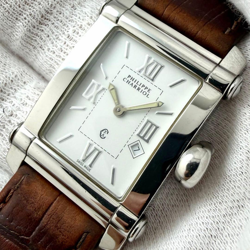 Philippe Charriol Columbus 9011910 Mens Quartz Date Watch 25.1mm White Dial New