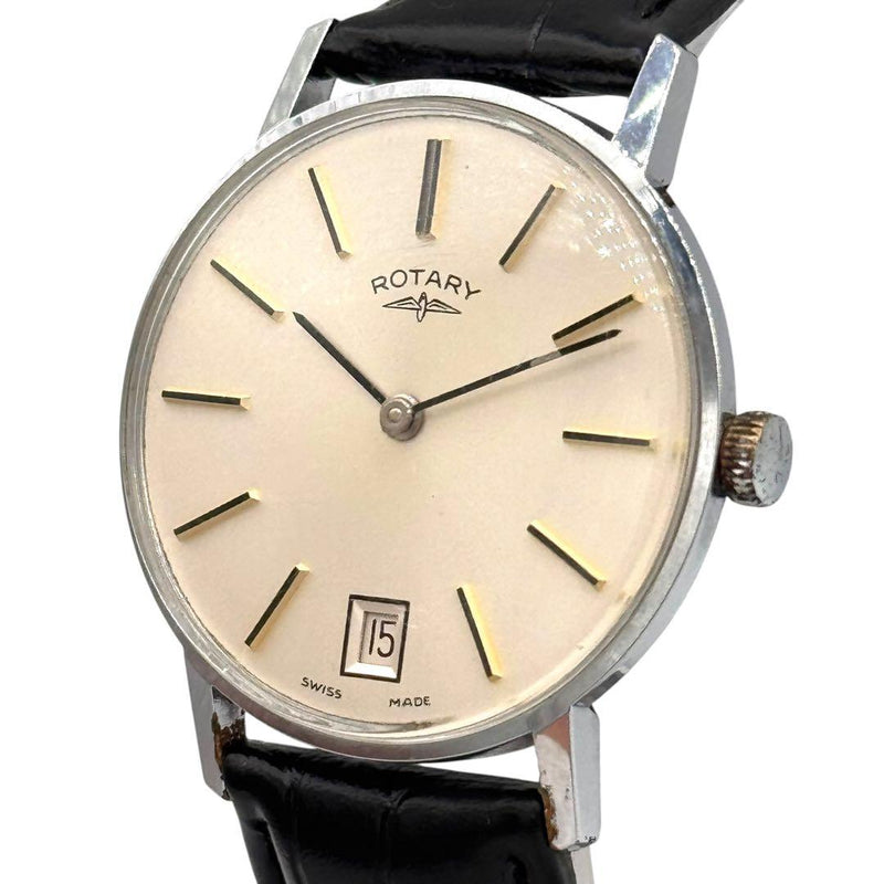 ROTARY Hand-wound 33.1mm Silver Case Champagne Sunburst Date Leather Watch 36 32