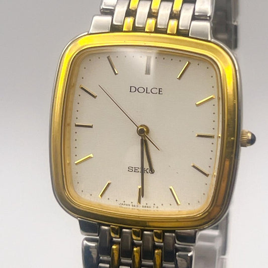 SEIKO DOLCE Quartz Mens 29mm Square Gold Silver Two-Tone White Cream Dial Watch