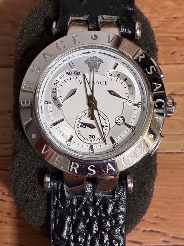 VERSACE Mens Quartz Watch Silver Dial Leather Band Date Display SWISS MADE