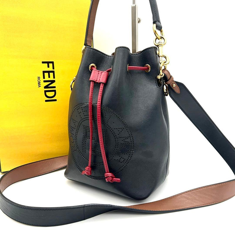 Fendi Mon Tresor Mini Black Punching Leather 2WAY Bucket Shoulder Bag 21cm H