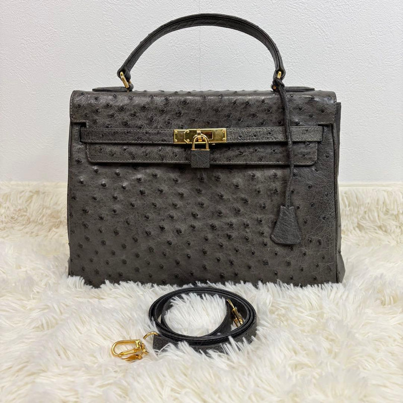 BIANCHI&NARDI Ostrich 2-Way Handbag Gray Gold Hardware 23x31x12cm