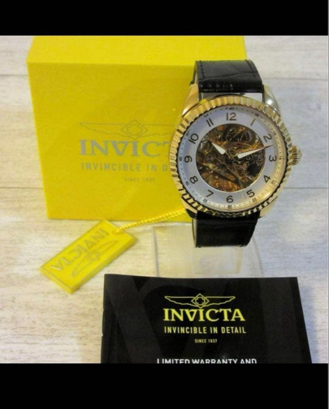 INVICTA Automatic Movement Skeleton Dial Gold Black Leather Band Watch