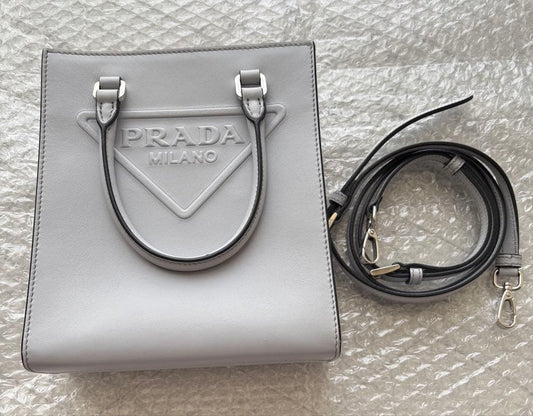 PRADA Triangle Embossed Leather Mini Tote Bag Blue Gray H19 W17 D6.3cm 2023