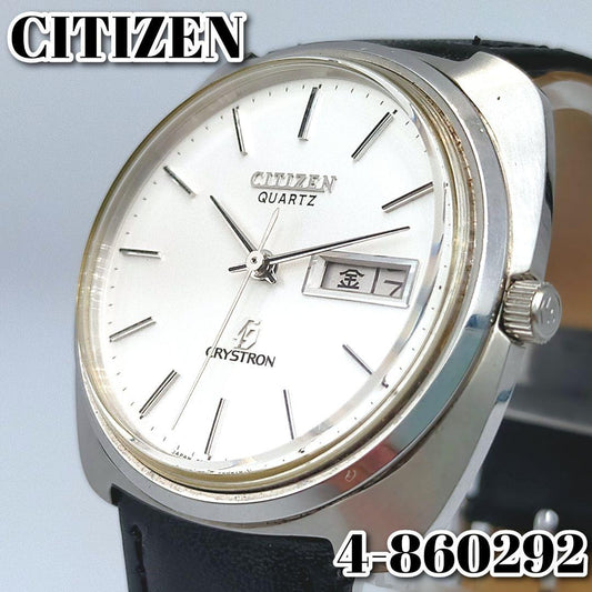 CITIZEN CRYSTRON 4-860292 TA 1975 Mens Quartz 37.7mm Silver Dial Leather Strap