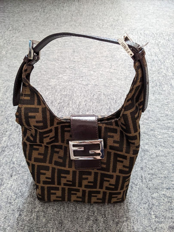 FENDI Zucca FF Mamma Baguette Shoulder Bag Canvas Leather Brown Silver H18 W20