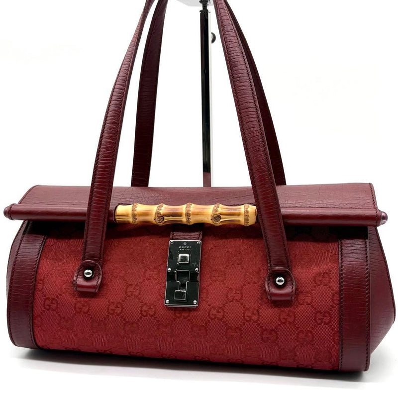 GUCCI 111713 Red Bamboo GG Canvas Leather Top Handle Handbag Silver Hardware