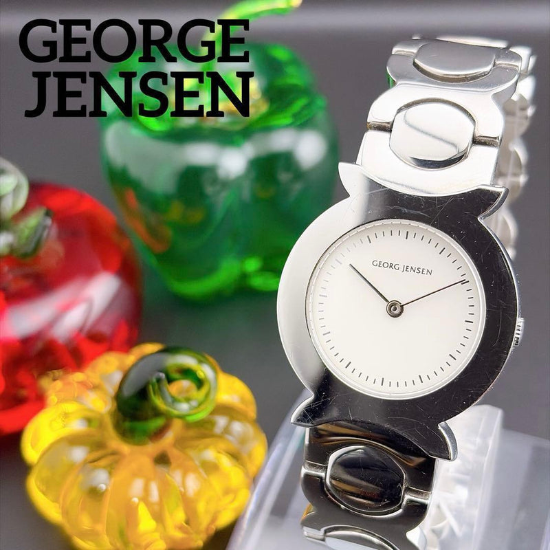 Georg Jensen 369 Quartz Mens Watch White Silver Dial 34.2x30.7mm Case Bracelet