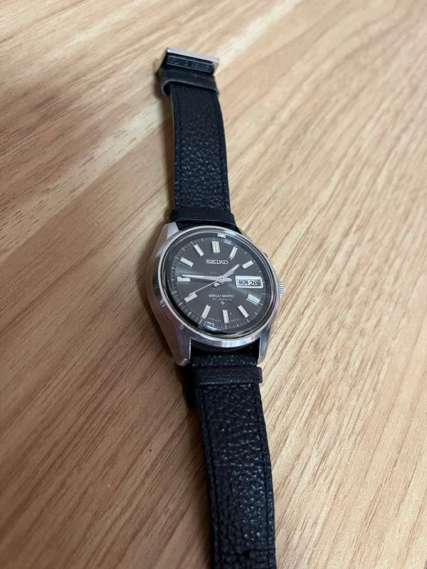 Seiko Bell-Matic Automatic 17J Day/Date Alarm Silver Dial SS Kurozan Leather