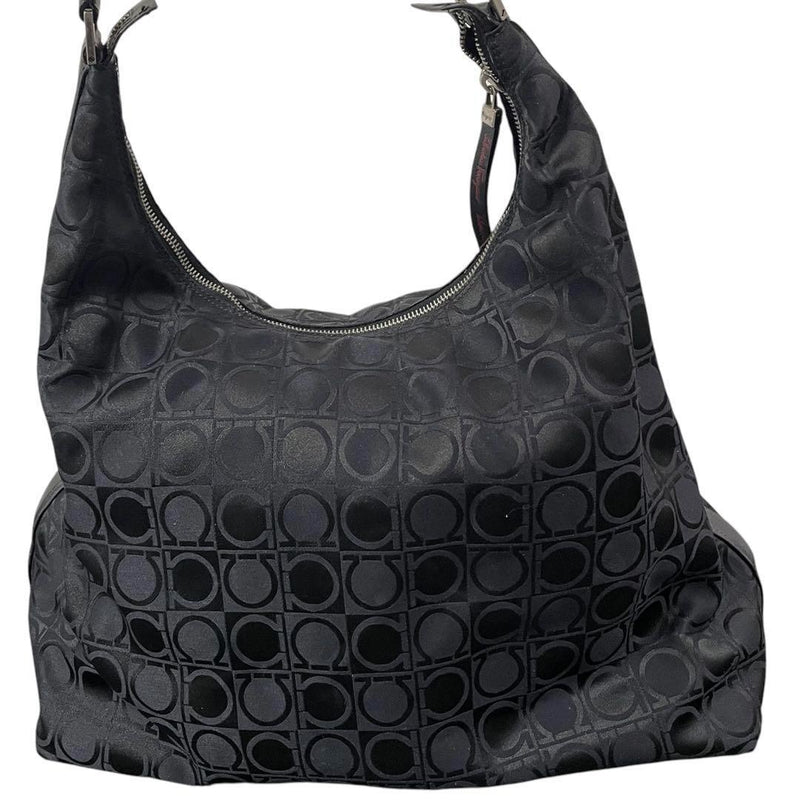 Salvatore Ferragamo Gancini Black Canvas Leather Shoulder Tote H30 W38-46 D15cm