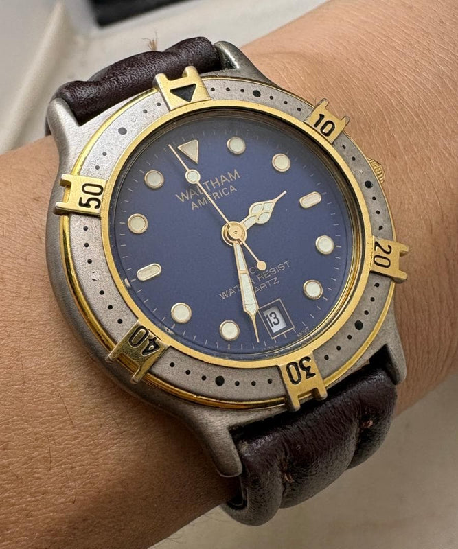 Waltham America Diver Quartz Mens Watch 37mm Date Leather Band Unidirectional