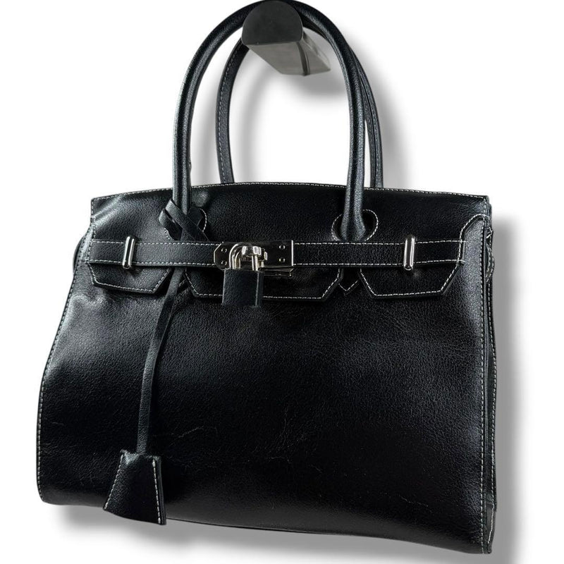 HAMANO Excelsior Black Leather Handbag H21 W27 D10cm Cadena 2 Keys Charm