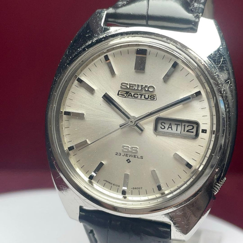 SEIKO 5 ACTUS SS Automatic Cal.6106 37mm SS Silver Dial Leather Strap 1969 Watch