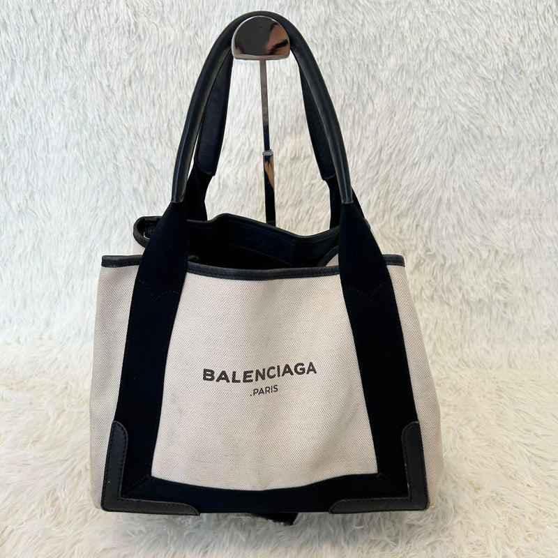 BALENCIAGA Navy Cabas M 339936 Black Canvas Leather Tote Bag 8.7x12.2x5.9in