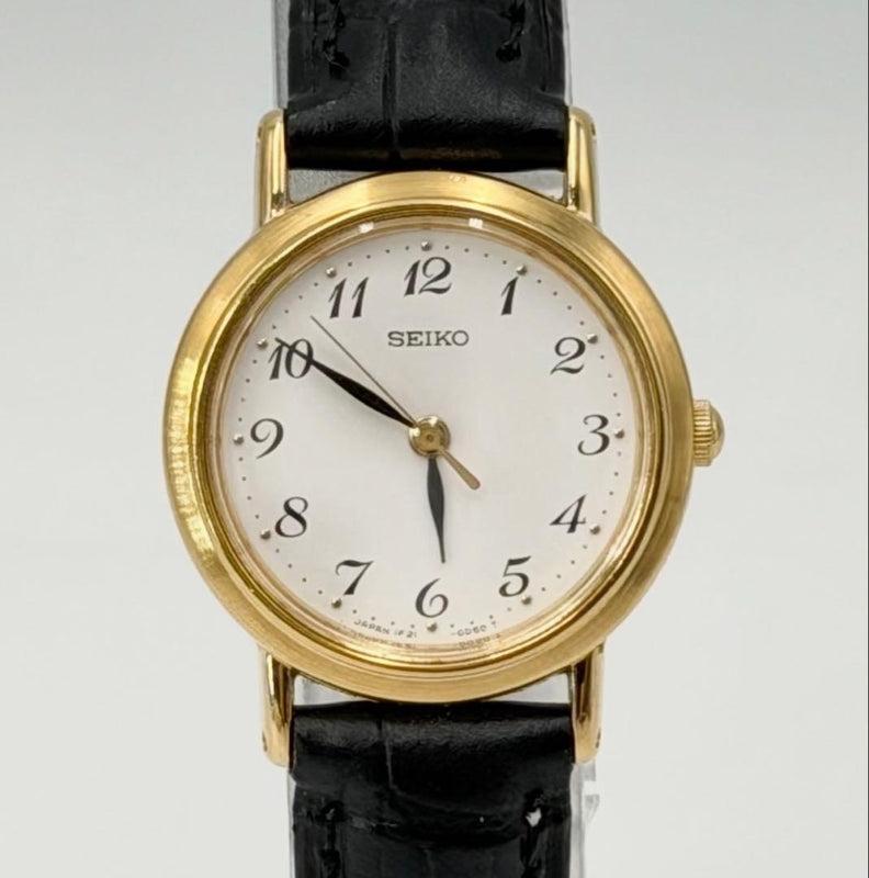 SEIKO 1F21-0C00 Ladies Quartz Watch 28.3mm Gold Tone White Dial Black Leather