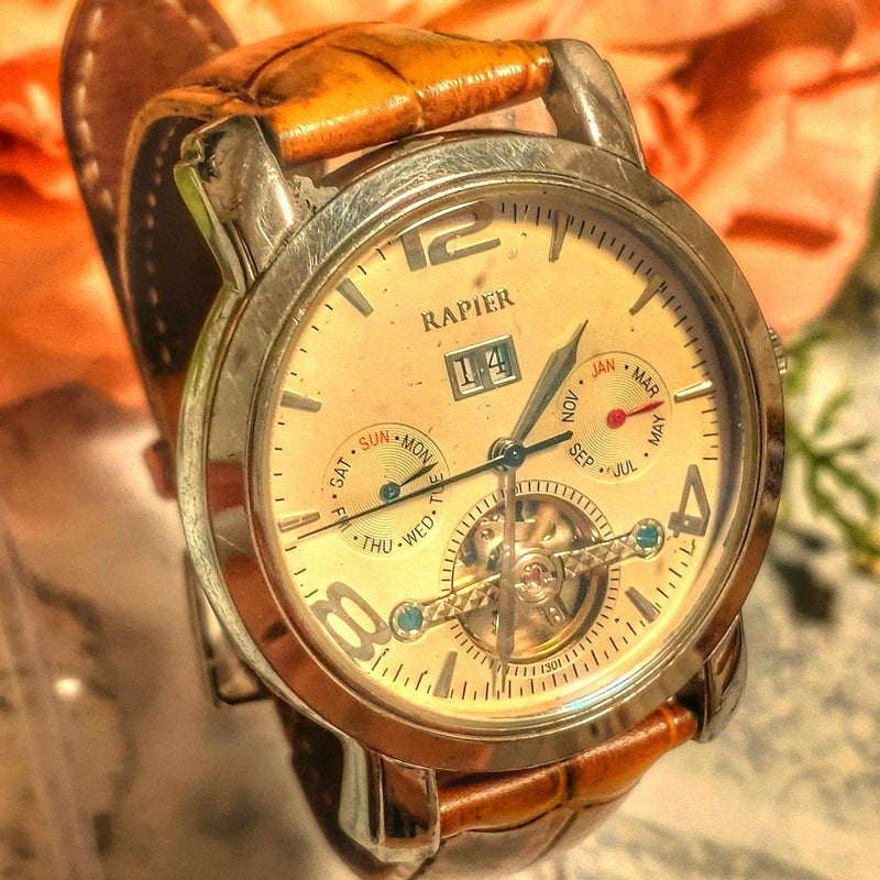 Franc Temp Automatic Watch 35mm Champagne Gold Brown Leather Exhibition Back