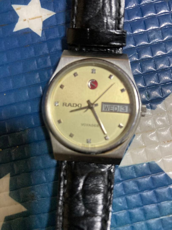 RADO VOYAGER Automatic Mens Watch Gold Dial Rhinestone Index Day-Date Black
