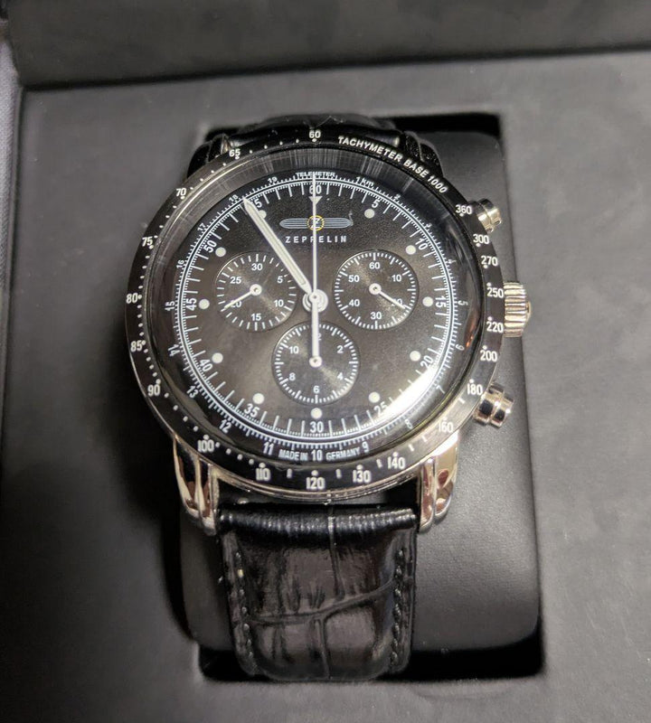 Zeppelin 100 Jahre Chronograph Mens Watch Black Dial Leather Strap Date