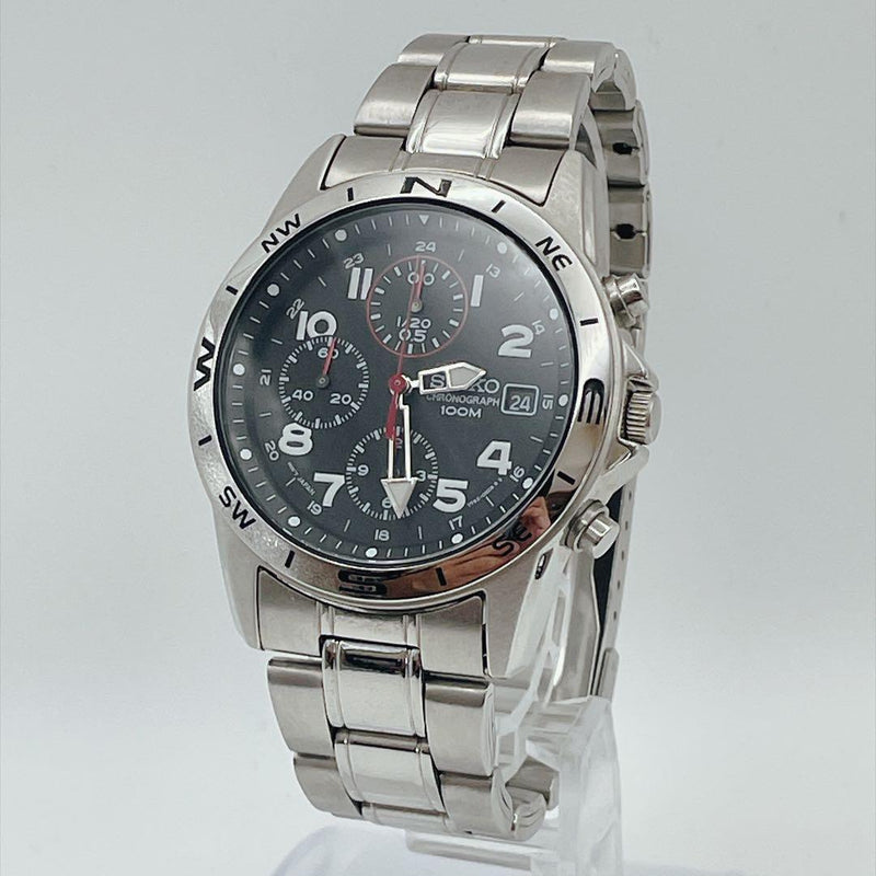 SEIKO 7T92-0DW0 Quartz Chronograph Watch Black Dial Compass Bezel 10 Bar WR Date
