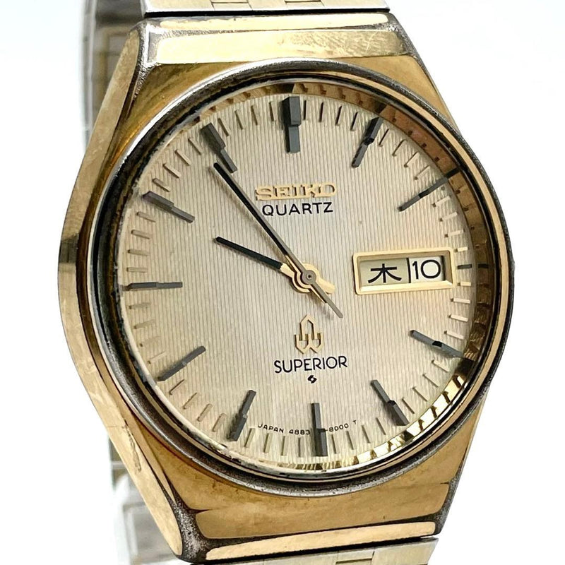 SEIKO SUPERIOR 4883-8100 Quartz Day Date Watch Gold Dial SS Bracelet 35.6mm 1977