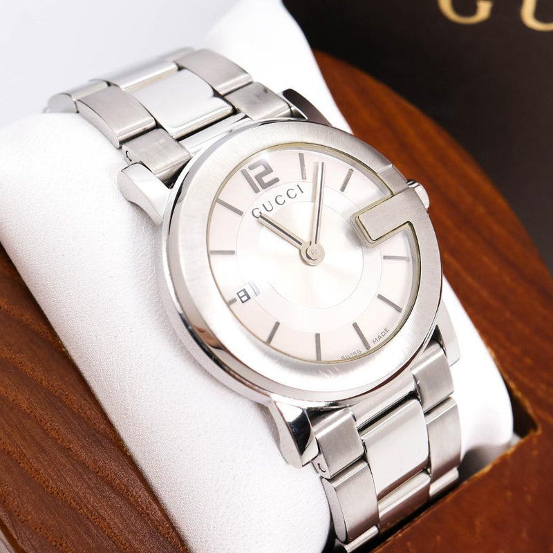 GUCCI 101J Round Watch Quartz 35mm Silver G Bezel Date Original Strap 3616