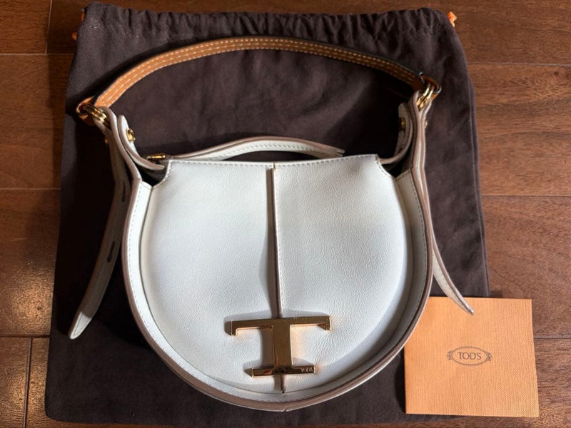 TODS T Timeless Half Moon Shoulder Bag Brown Leather White Interior