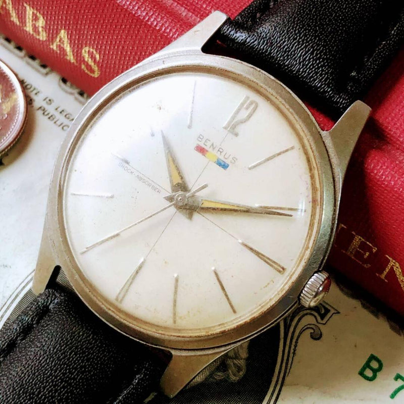Benrus 4015 Mens Hand-wound Watch Gold Stainless Steel 34mm Black Leather