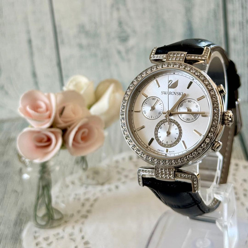 Swarovski 37mm Quartz Chronograph Watch Silver Tone Case Silver Dial