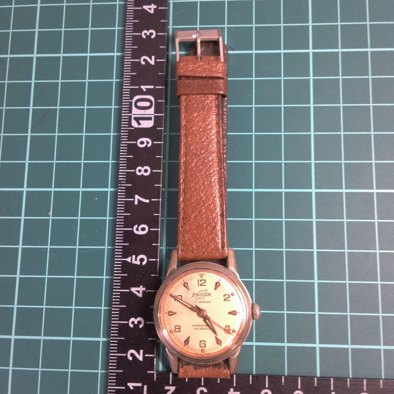 Enicar Ultrasonic Automatic 17 Jewels Silver Dial Leather Waterproof 23mm Watch