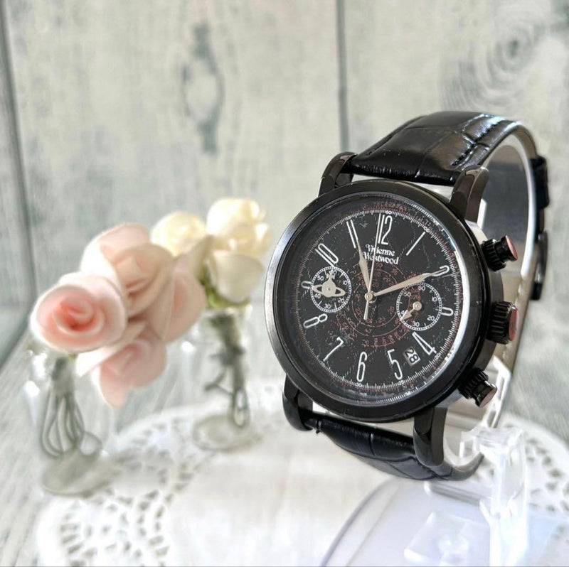 Vivienne VW-2399 Quartz Chronograph Squiggle Black 42mm Watch Battery Replaced