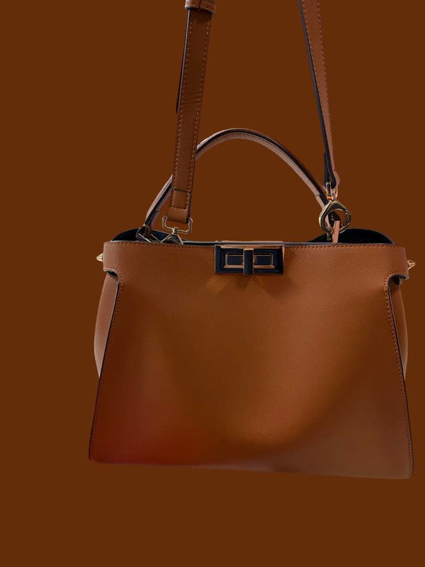 Brown Leather 2-Way Convertible Handbag Shoulder Bag Gold-Tone Turn-Lock
