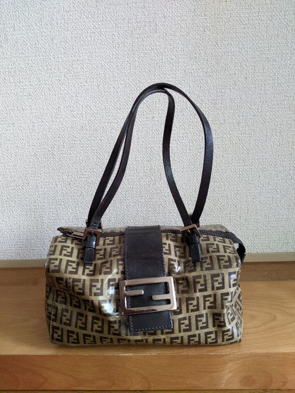 FENDI Zucchino Mamma Baguette Shoulder Bag Vinyl Brown FF Hardware 23x11x11cm